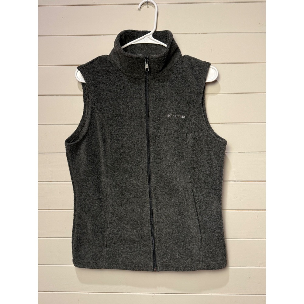 Columbia Womens Fleece Vest‎ Charcoal Gray Full Zip Stand Collar Size Medium